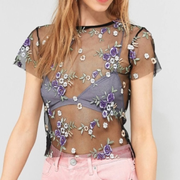 Urban Outfitters Mesh Flower Embroidered Crop Top - Picture 1 of 2